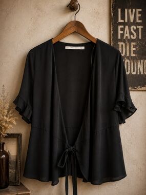 Zara Trafaluc L Black Open Front Tie Waist Kimono Ruffle Sleeve Blazer